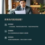 男性房東表情嚴肅查看租賃文件,圖像下方列出房東拒絕租客設籍的三大理由,包括稅務、產權與租賃管理考量。